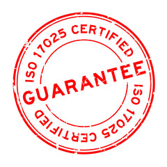 Grunge red iso 17025 certified guarantee word round rubber seal stamp on white background