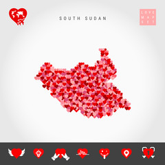 I Love South Sudan. Red and Pink Hearts Pattern Vector Map of South Sudan Isolated on Grey Background. Love Icon Set.