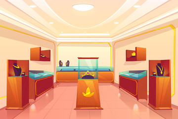 Luxury jewellery store trading room cartoon vector empty interior with precious, elegant necklaces on shelves, golden crown with red gems or rubies under glass showcase in exhibition hall illustration