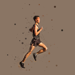 Fototapeta na wymiar Watercolor illustration of a running man. Dynamic sketch on gray background