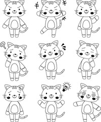 Monochrome Full-length illustration of the cute cat character set