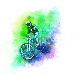 Fototapeta na wymiar Black pencil drawing of a cyclist on a downhill bike on a multicolor background.