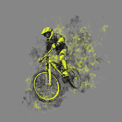 Fototapeta na wymiar Black pencil drawing of a cyclist on a downhill bike with a yellow drawing on a gray background.