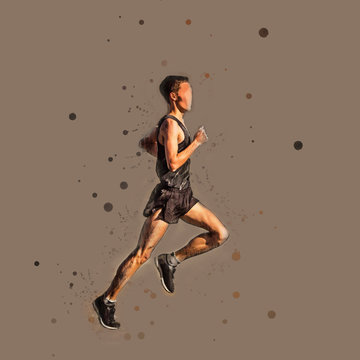 Watercolor illustration of a running man. Dynamic sketch on gray background