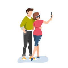 Guy and girl taking selfie. Couple in love. Flat vector illustration.