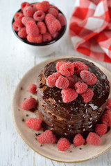 Chocolate pancakes with raspberries
