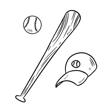 Baseball ball, cap and bat hand drawn sketch doodles set