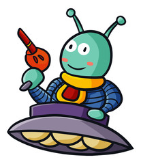 Funny and cute alien flying holding weapon - vector