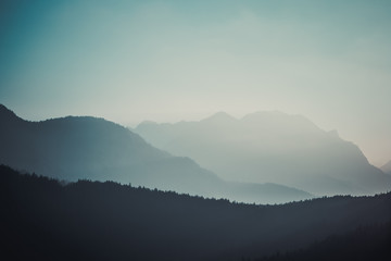 Panoramic view of the mountains in the European Alps in Austria at early morning, nature background concept