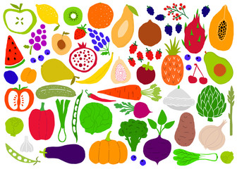 Fruit and vegetables naive simple big set silhouettes. Isolated objects on white background. Fruit and vegetables logo or element for design.