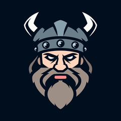 Professional logo viking warrior, sport mascot. Vector illustration. Simple shape for design emblem, icon, symbol, sign, badge, label, stamp.