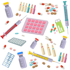 Medical healthcare icons vector seamless pattern. Health care sign collection. Medicine equipment, pills, syringes, therapeutic medical containers illustration. Ambulance symbol.