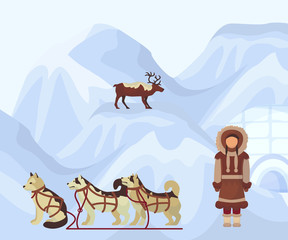 North people in traditional eskimos costume, arctic dogs and polar deer. Life in the far north. Polar nature with Eskimo dogs huskies in dogsled and sledge on snow mountains. Alaska vector poster.