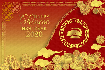 Chinese new year 2020 greeting card wth cute rat, zodiac sign, paper cut style on red background.
