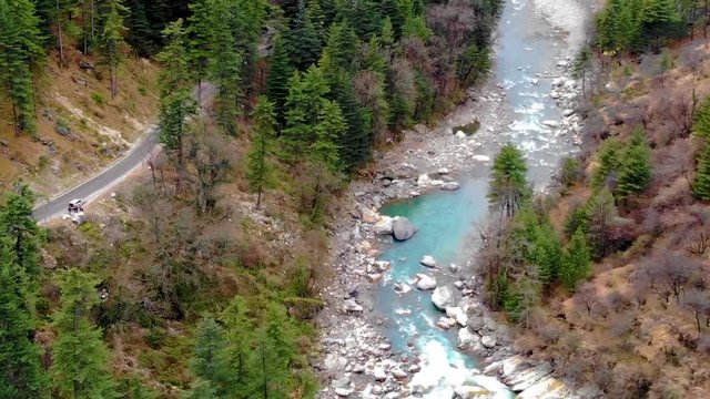 Drone Video kasol himachal pradesh river and forest