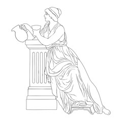 An ancient Greek woman in a tunic is sitting with a jug and a glass in her hands. Vector image isolated on a white background.