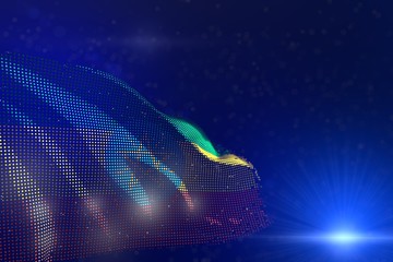 cute hi-tech illustration of Ethiopia flag of dots waving on blue - bokeh and place for your text - any holiday flag 3d illustration..