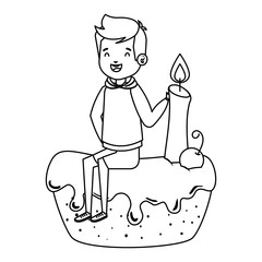 happy little boy seated in cake with candle