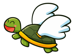 Cute and funny turtle flying with wing - vector