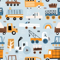 Printed kitchen splashbacks Cars Cute seamless pattern with hand drawn toy cars. Perfect for kids fabric, textile, nursery wallpaper. Blue background.