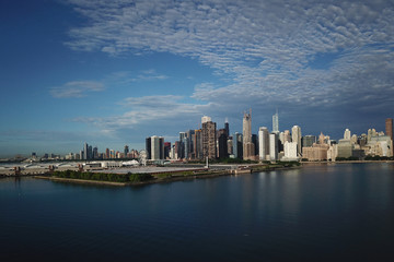 panorama of Chicago from the height and lake Michigan, skyscrapers morning sun