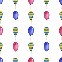 Watercolor illustration of set of balloons with yellow and blue stripes and pink and blue mono color. Seamless pattern for printing on wrapping paper, textile, fabric