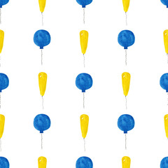 Watercolor illustration of set of elongated yellow and spherical blue balloons. Seamless pattern for printing on wrapping paper, textile, fabric