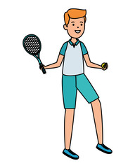 Obraz na płótnie Canvas happy athletic boy with racket practicing tennis