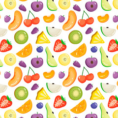 Cartoon juicy fruits vector pattern. Sweet summer farm background. Slice of fruits seamless.
