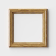 Wood square frame for picture or photo on white wall with shadows