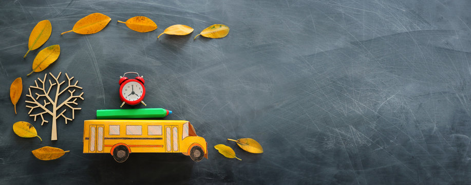 Back to school concept. Top view banner of school bus, alarm clock and pencil next to tree with autumn dry leaves over classroom blackboard background