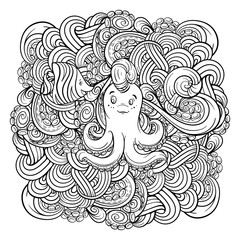 Vector sea creatures doodle background. Adult coloring page with undersea world. Cute octopus and a starfish characters.