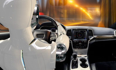 Humanoid robot driving car, vision of artificial intelligence in automotive-vision of an autonomous...
