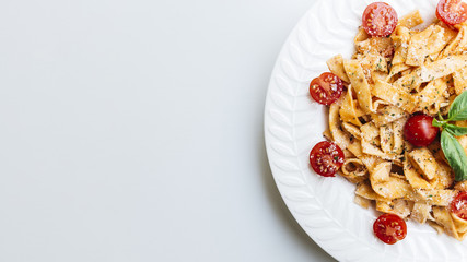 Flat lay composition of pasta with copyspace