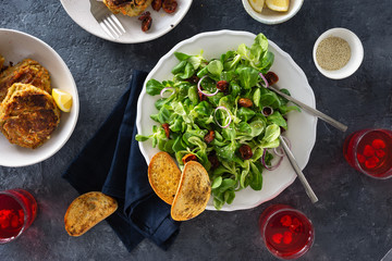 Healthy food Vegetarian dinner table green salad vegetable cutlets