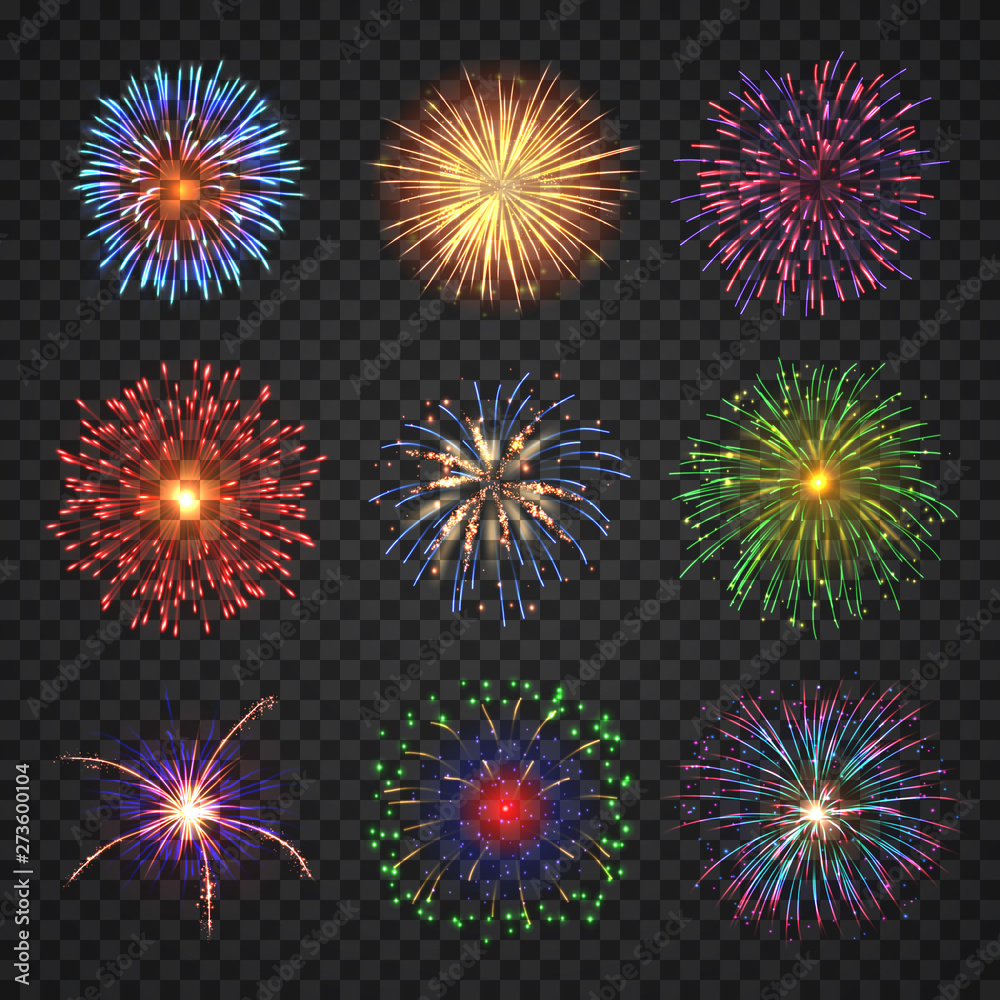 Wall mural Big set of different fireworks with shining sparks. Colorful pyrotechnics show elements. Realistic fireworks celebration isolated on transparent background. Fantastic light performance in night sky.