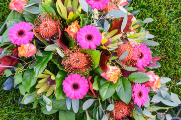 Close up of colorful flower arrangement.