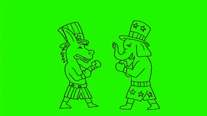 2d Animation motion graphics drawing of an American Democratic donkey and Republican elephant fighting boxing on white, blue and green screen in HD high definition.