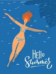 Vector hello  summer illustration with young woman in a swimming pool.