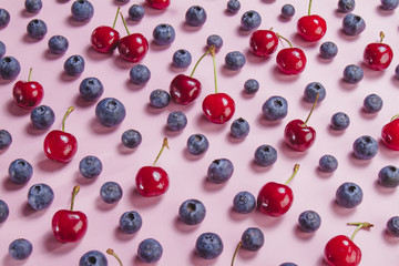 Close-up of tasty blueberries and cherries