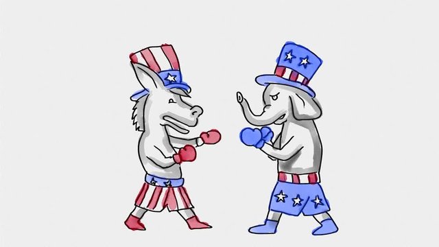 2d Animation motion graphics showing a watercolor of American Democratic donkey and Republican elephant fighting boxing on white screen in HD 1080 high definition.