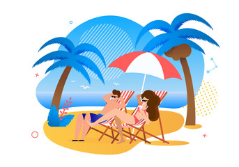 Obraz na płótnie Canvas Satisfied Cartoon Couple Resting on Tropical Beach