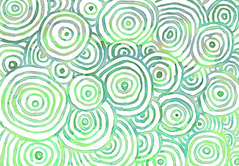 Fototapeta na wymiar Watercolor abstract overlapping dark green blue turquoise green circles background on white wallpaper