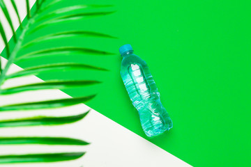 Transparent liquid bottle with tropical palm leaves, top view