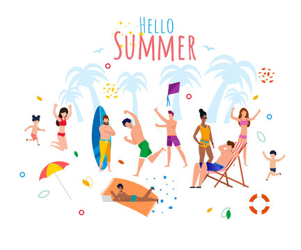 Hello Summer Greeting Banner with Resting People