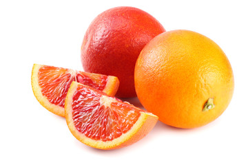 Red blood orange fruit with slices isolated on white background