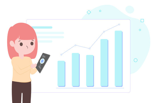 A cute young girl touching tablet and looking at graph chart, cartoon character in colourful pastel flat style. Use for graphic element resources, book, content and print.