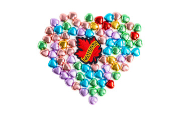 A canada badge and heart shape candies