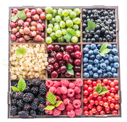 Colorful berries in wooden box on white background. Top view.
