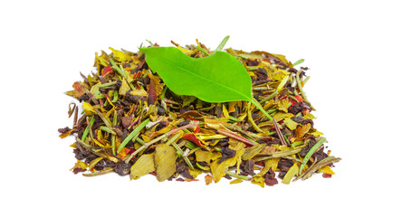 closeup of natural herbal tea made of various loose dried herbs isolated on white